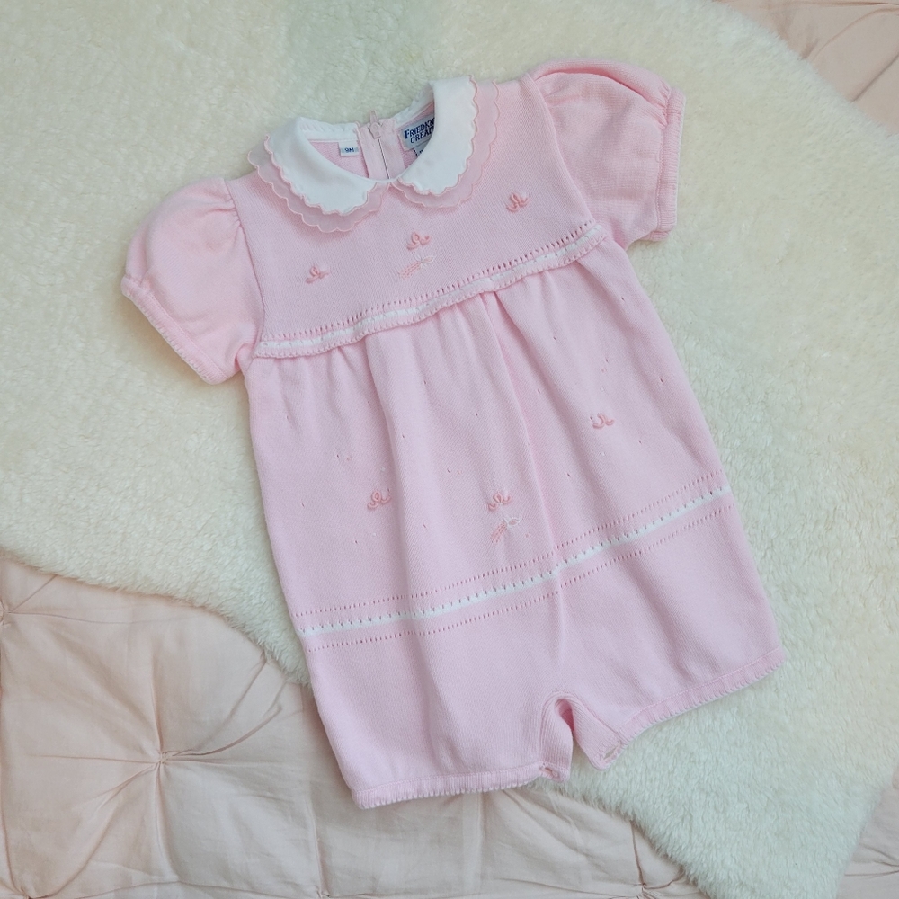 Friedknit Creations | Vintage Baby Girl Pink & White Sweater Onsie/Romper | 9M